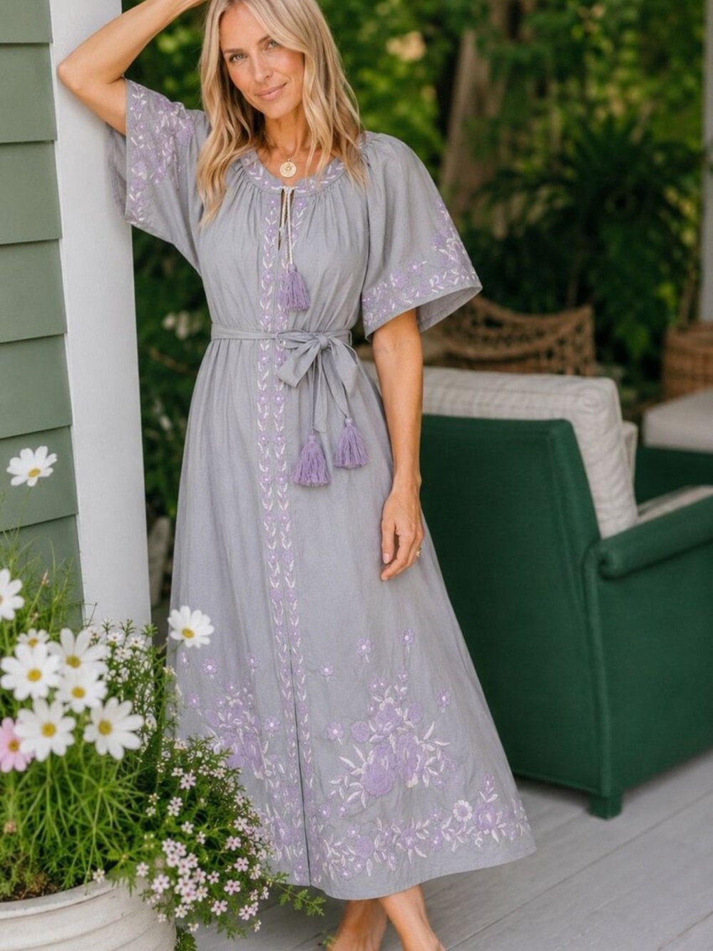 NWT Julia Amory Tuckernuck Short Sleeve Coatue Caftan Embroidered Midi dress